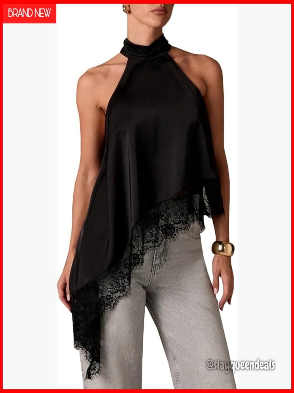 Satin Halter Top Mock Neck Lace Trim Asymmetrical Hem Crop Tank
